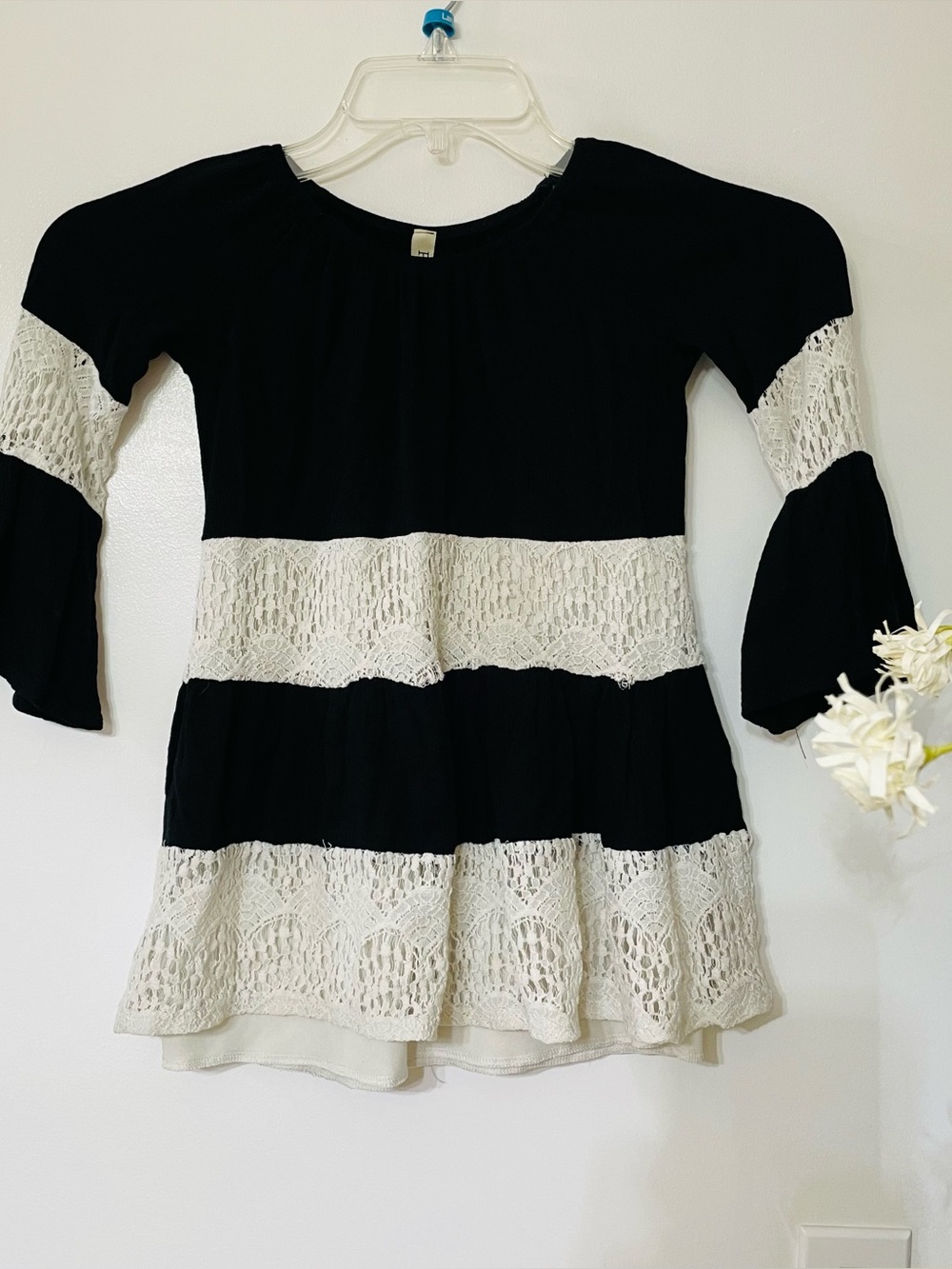 Black & Cream Crochet Stripe Tunic Top